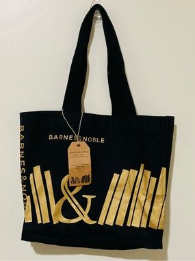 NWT Barnes & Noble Black Canvas Messenger Tote with Gold Bookshelves